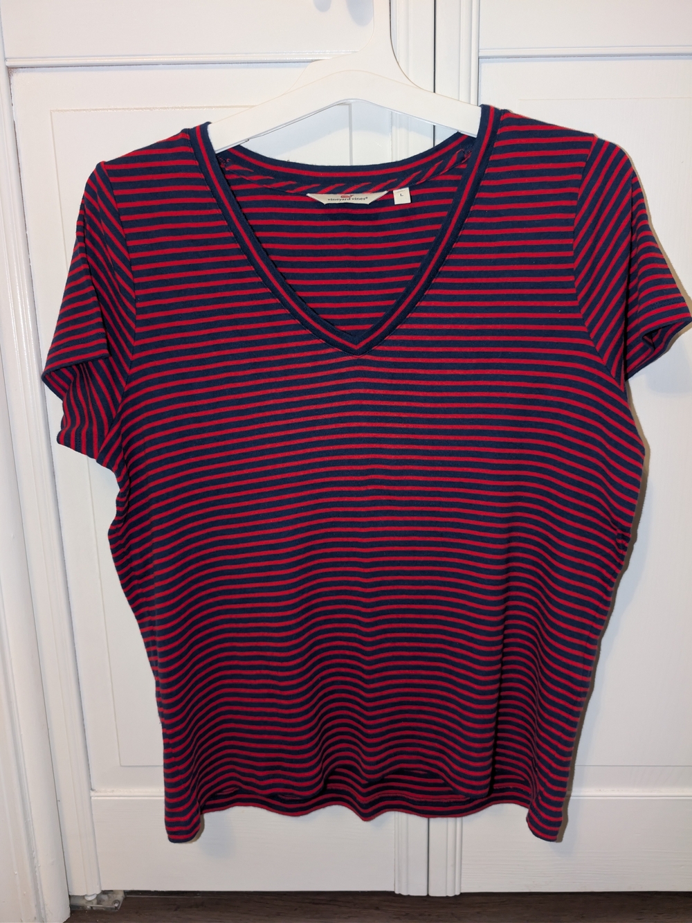 Vineyard Vines Navy and Red Striped V-Neck Tee